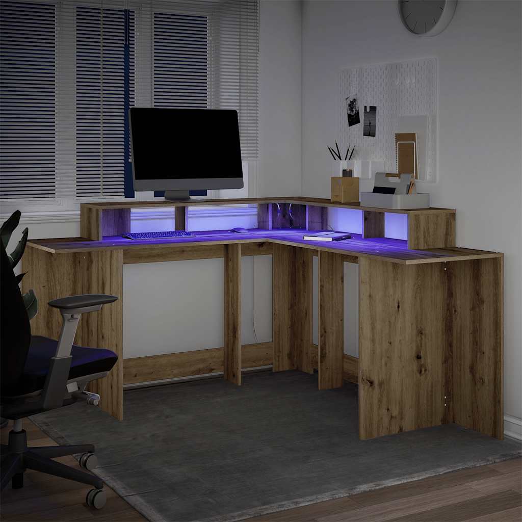 Desk with LED Lights Artisian Oak 152x152x91 cm Engineered Wood